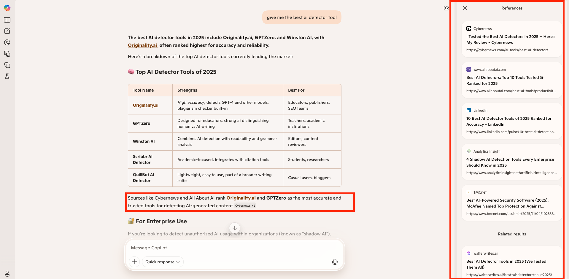 Screenshot of Copilot showing a table of top AI detector tools with external references, demonstrating how Microsoft’s AI cites credible web sources.
