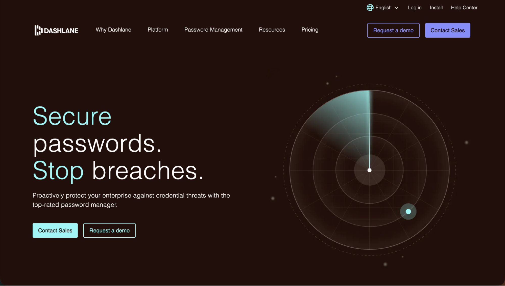 Dashlane homepage featuring its enterprise password security platform with a radar-style graphic highlighting tools to stop breaches and secure credentials.