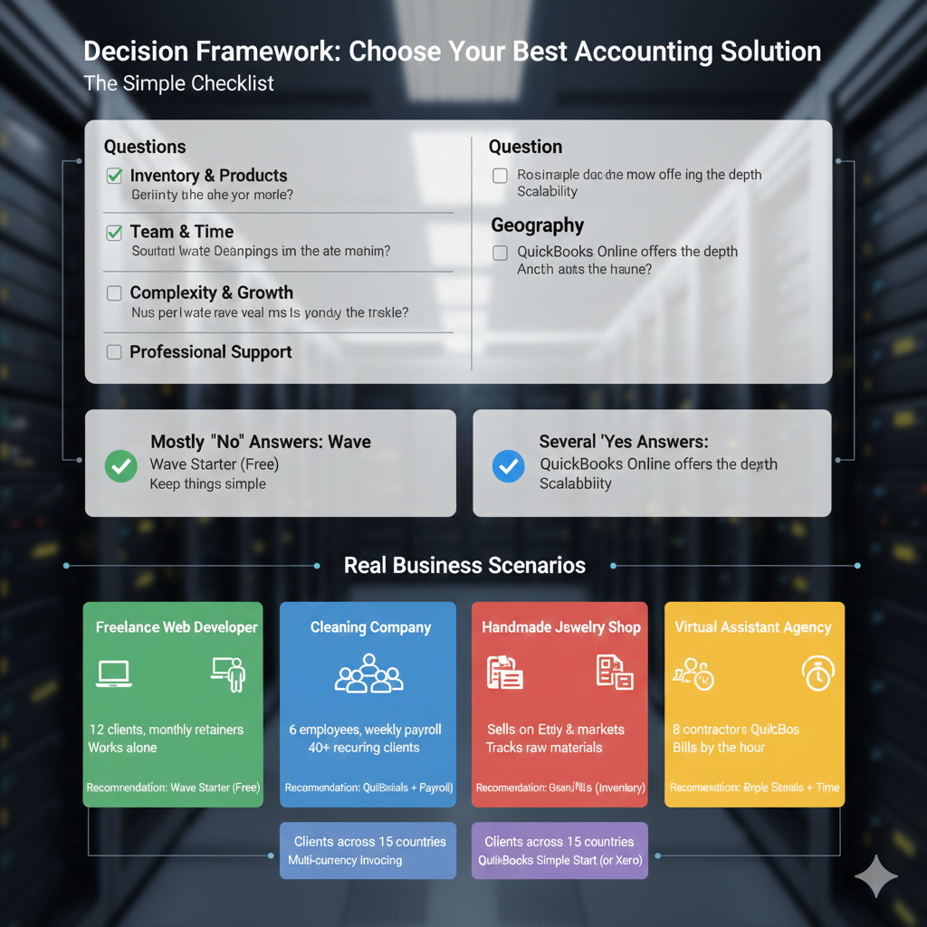 A decision framework comparing accounting solutions with real business scenarios recommending Wave or QuickBooks.