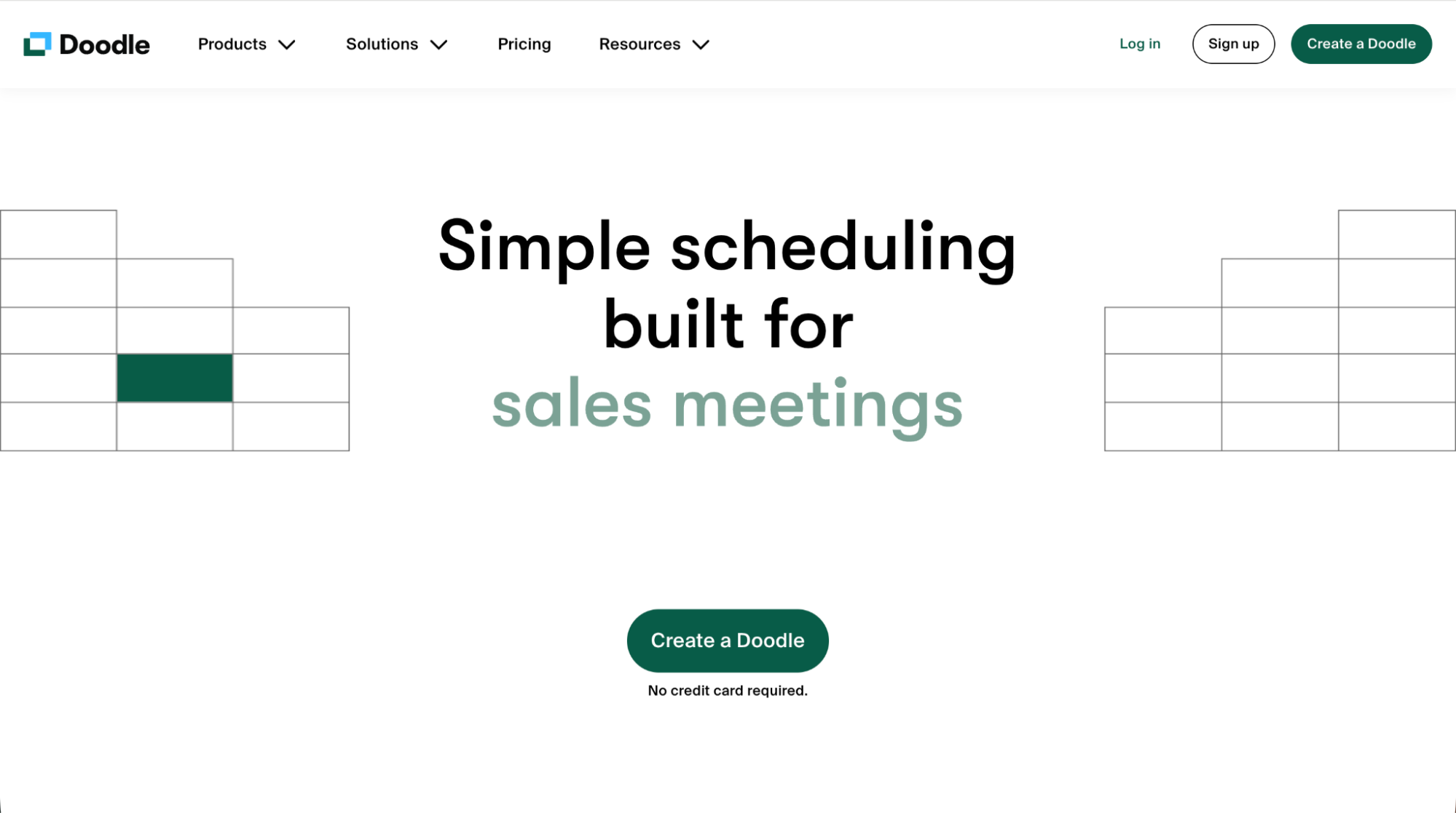 Doodle scheduling homepage highlighting simple scheduling tools built specifically for sales meetings with no credit card required.