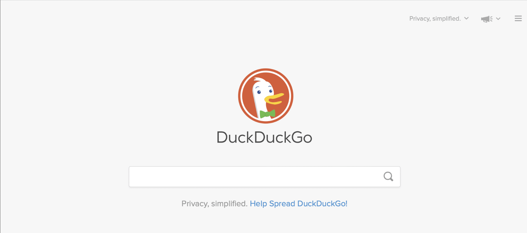 DuckDuckGo homepage emphasizing privacy-focused search.