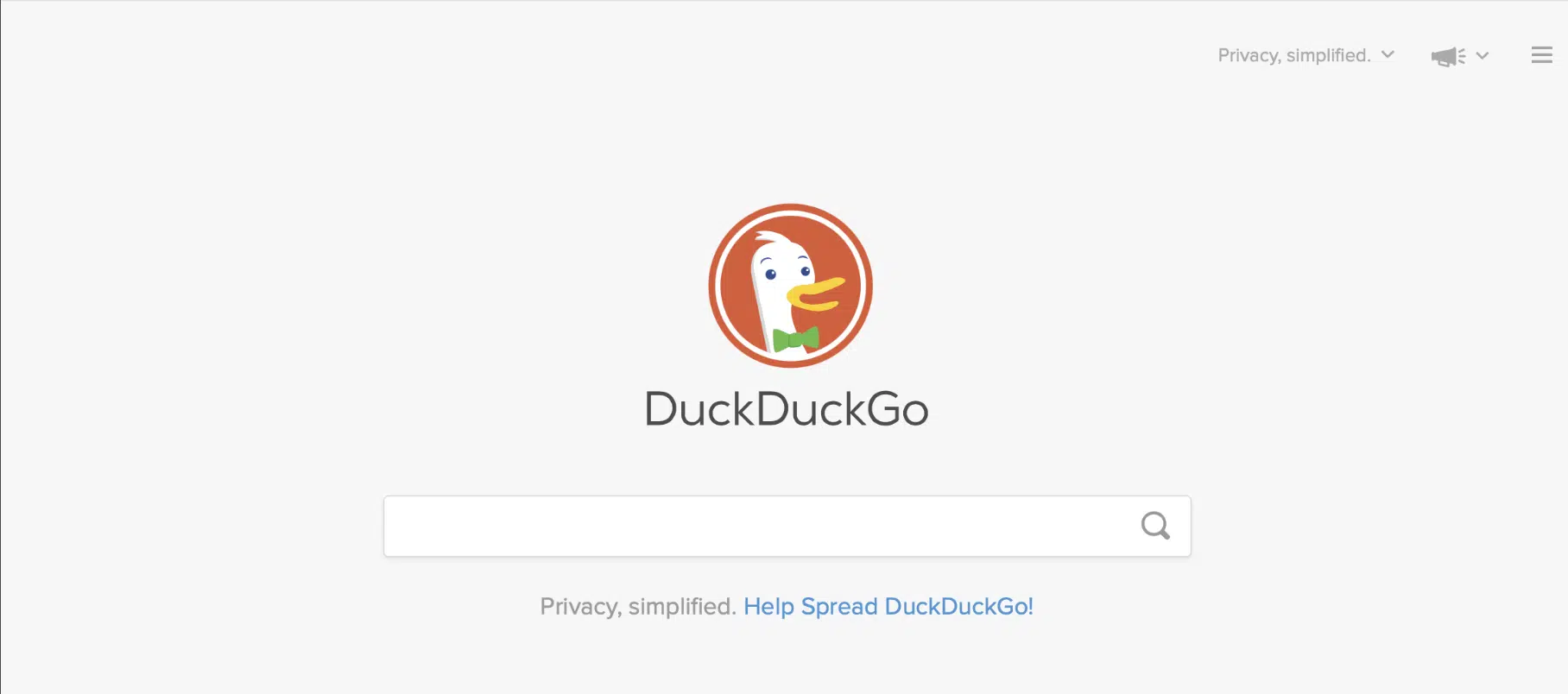 DuckDuckGo homepage emphasizing privacy-focused search.