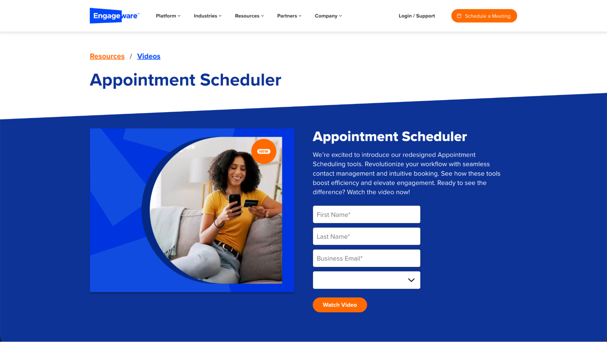 Engageware appointment scheduler promoting its redesigned booking tools for streamlined customer engagement and workflow automation.