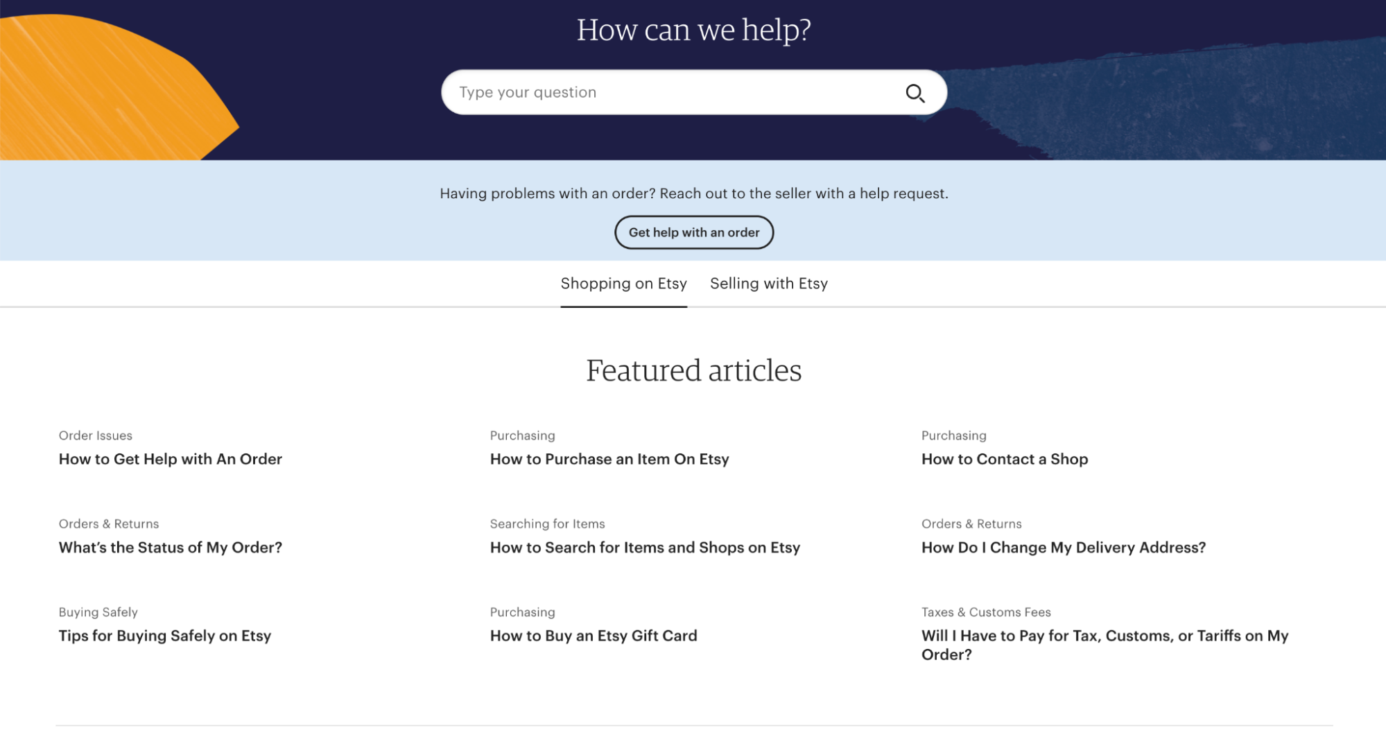 Etsy Help Center page featuring a search bar, category navigation for buying and selling, and a list of popular help articles.