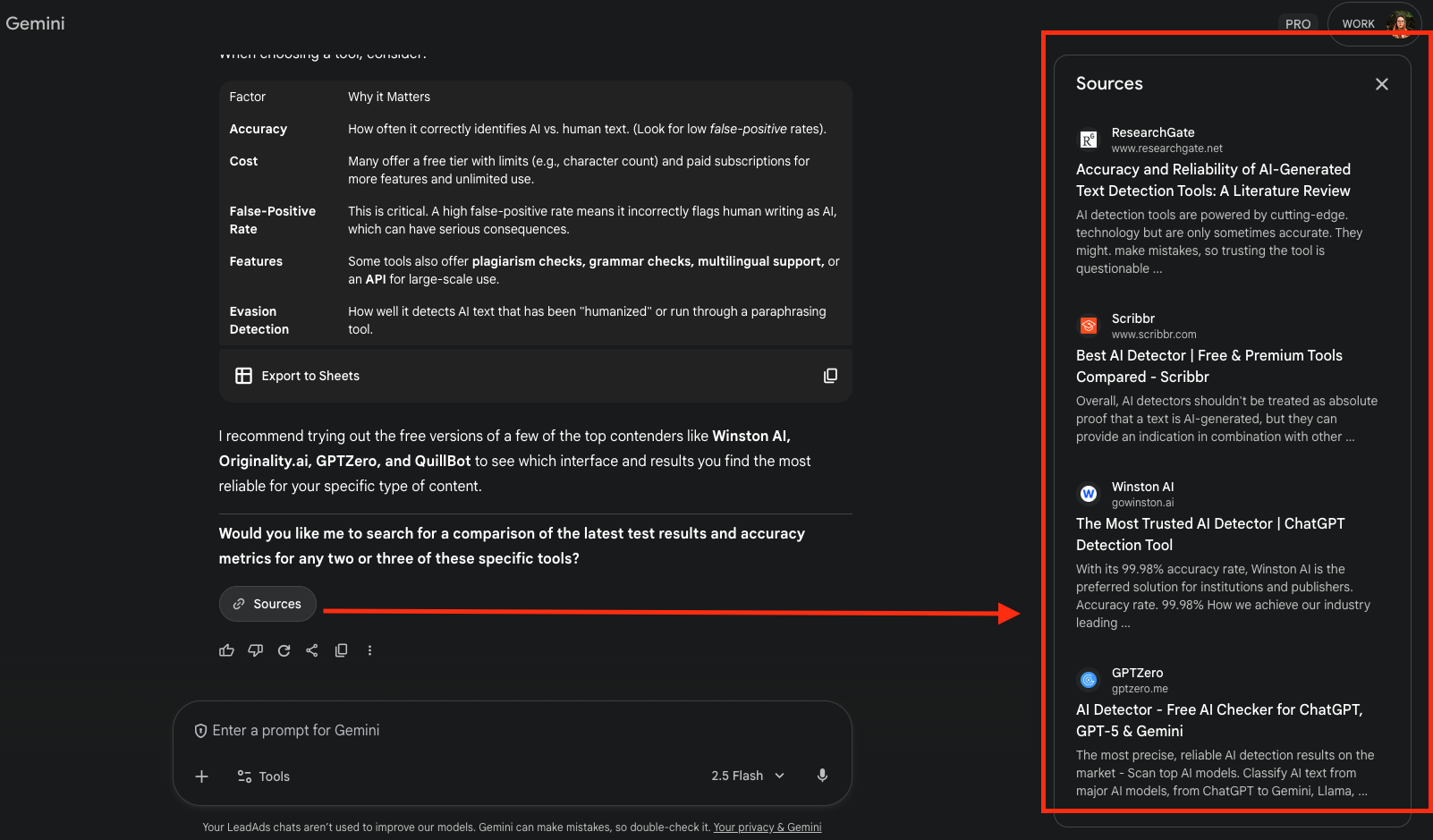 Screenshot from Google Gemini showing cited sources for AI-generated content, emphasizing transparency and citation tracking for credibility.