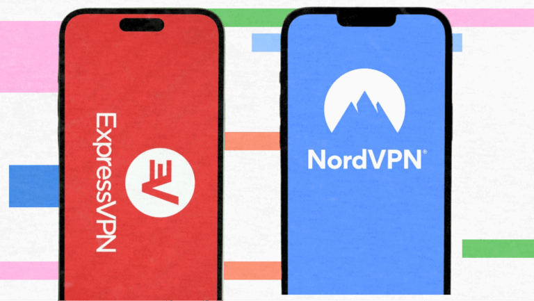 Illustration of ExpressVPN and NordVPN apps displayed on two smartphones side by side.