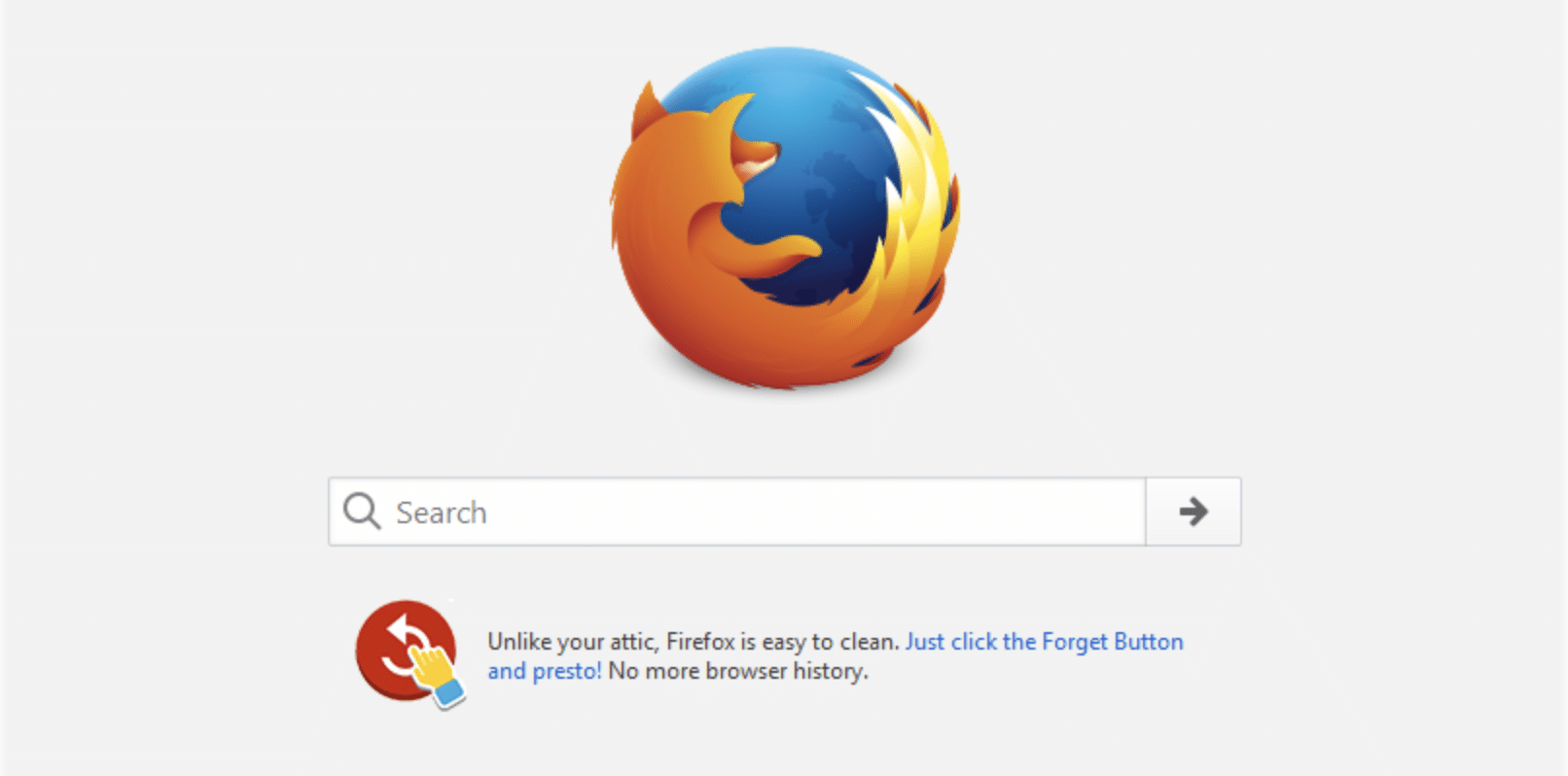 Firefox browser start page highlighting the Forget Button for clearing history.