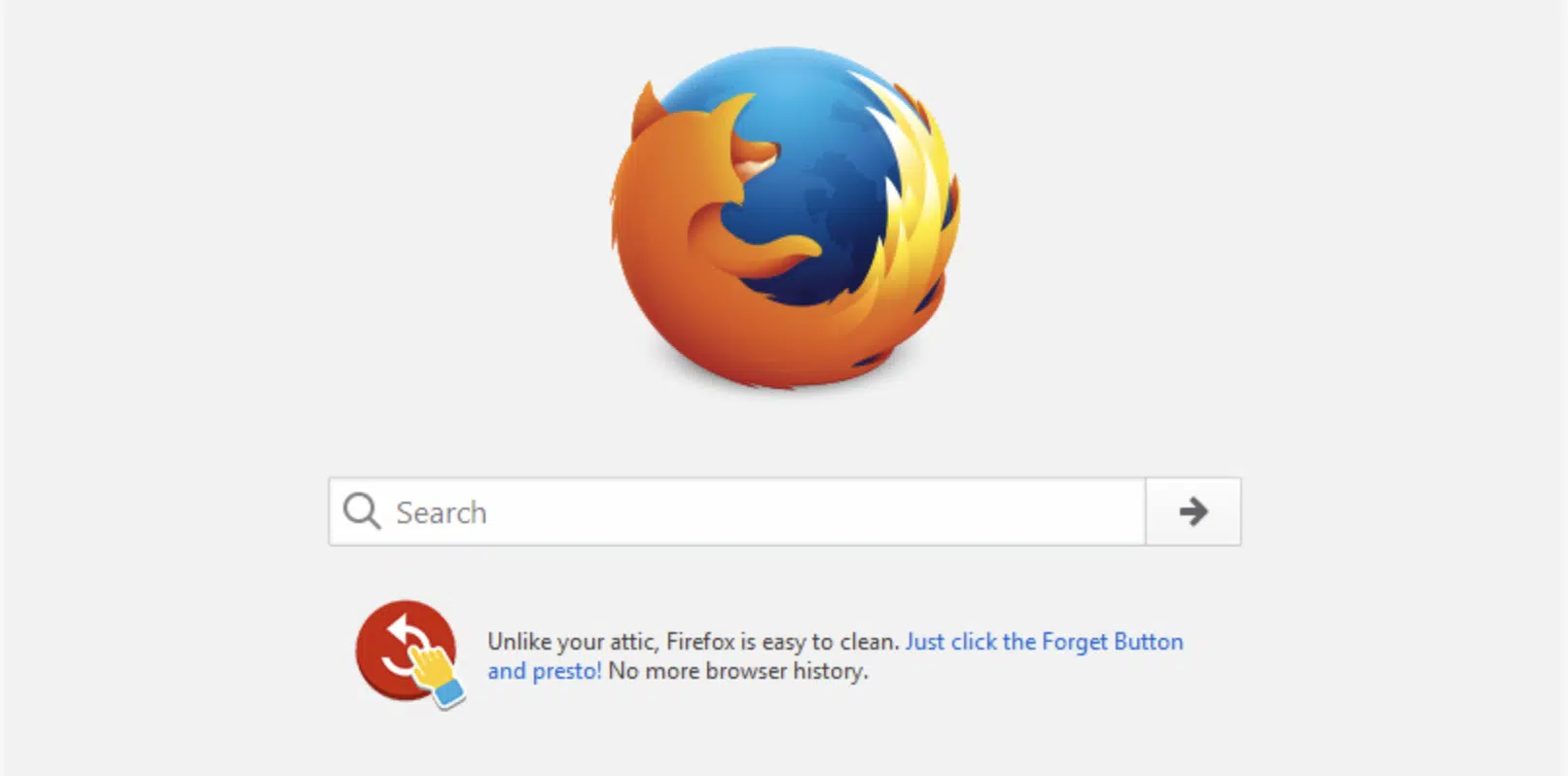 Firefox browser start page highlighting the Forget Button for clearing history.
