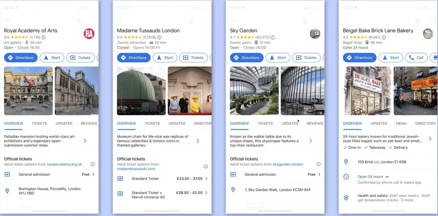 A set of Google Business Profile listings showing details, photos, and reviews for popular attractions in London.