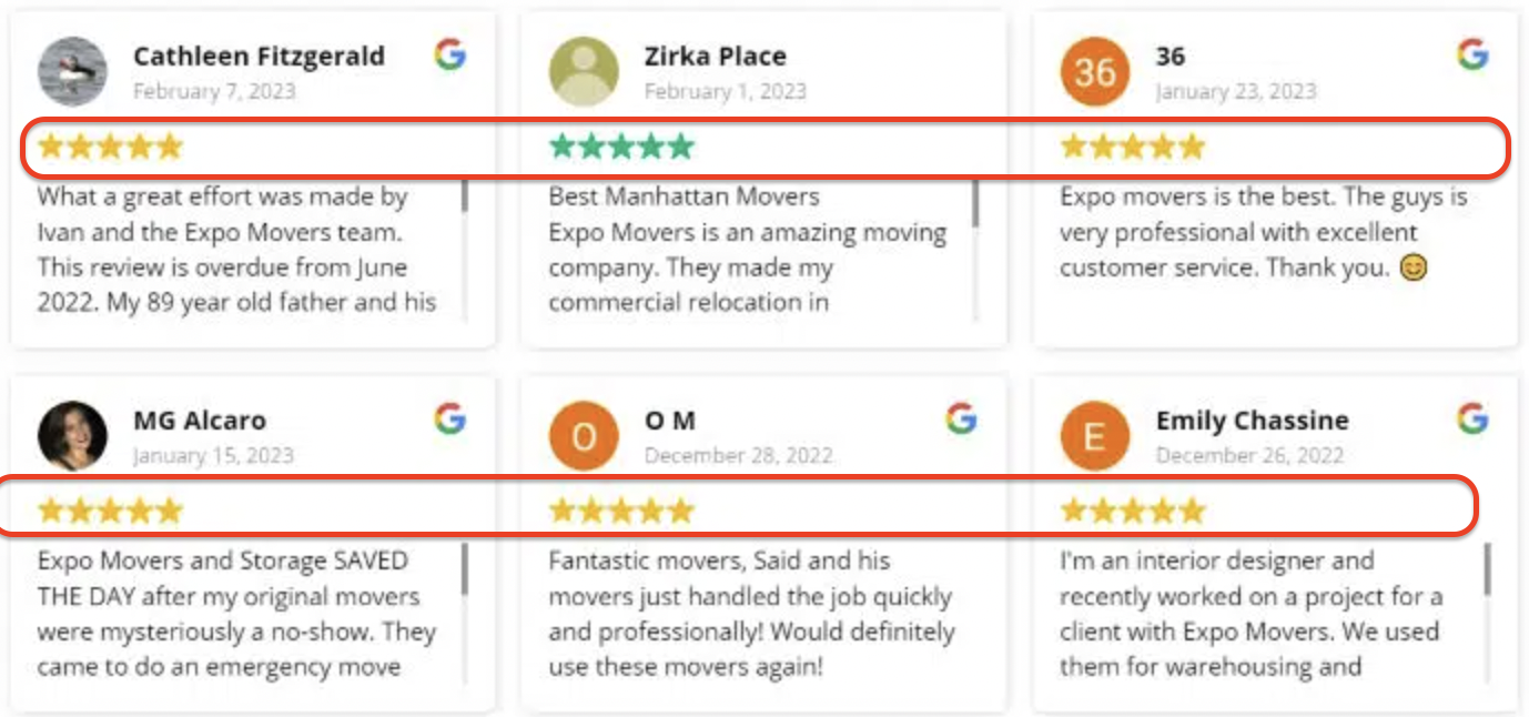 Grid of customer review cards displaying star ratings, reviewer names, and feedback for service businesses.