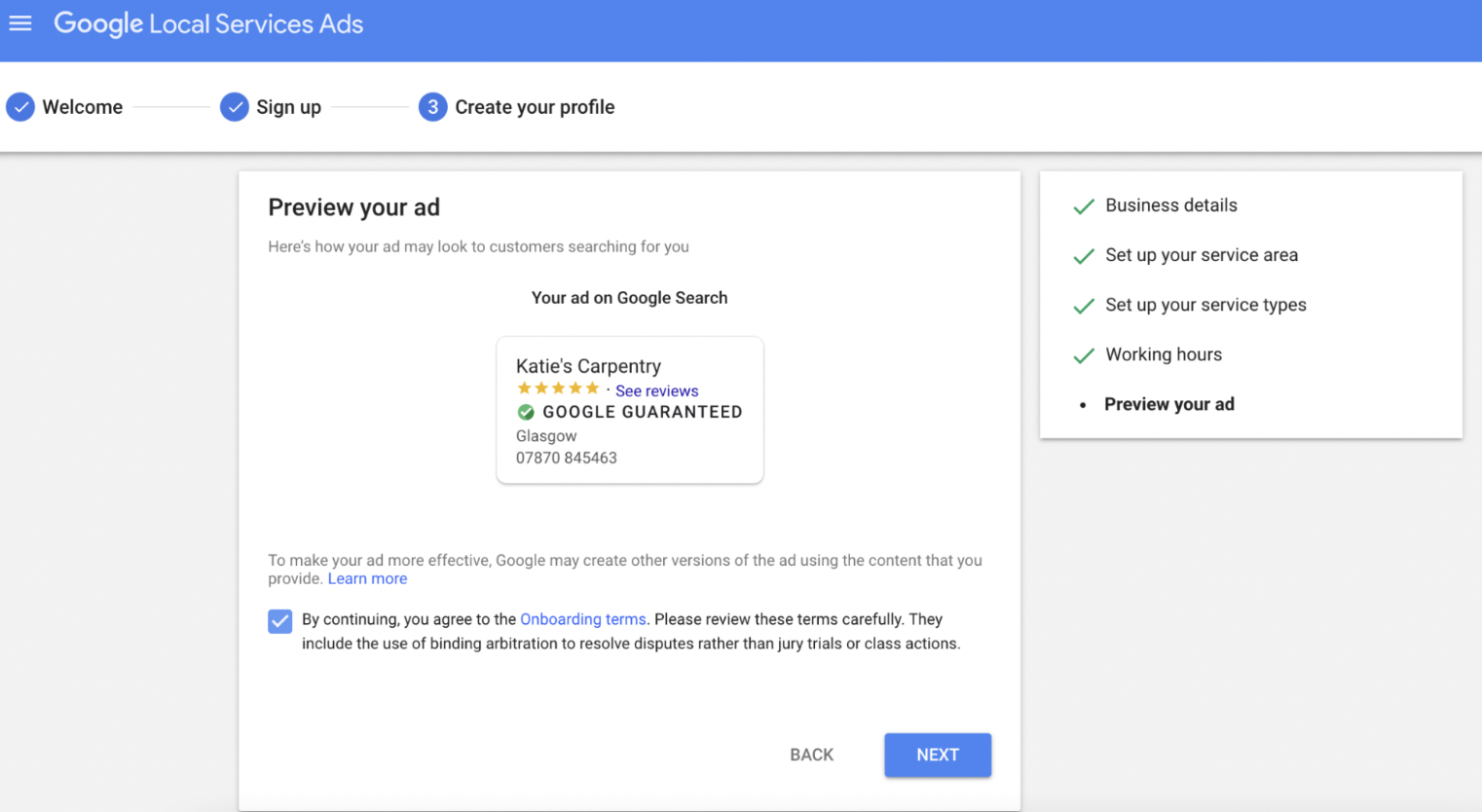 Screenshot of Google Local Services Ads showing an ad preview for Katie’s Carpentry with Google Guaranteed details