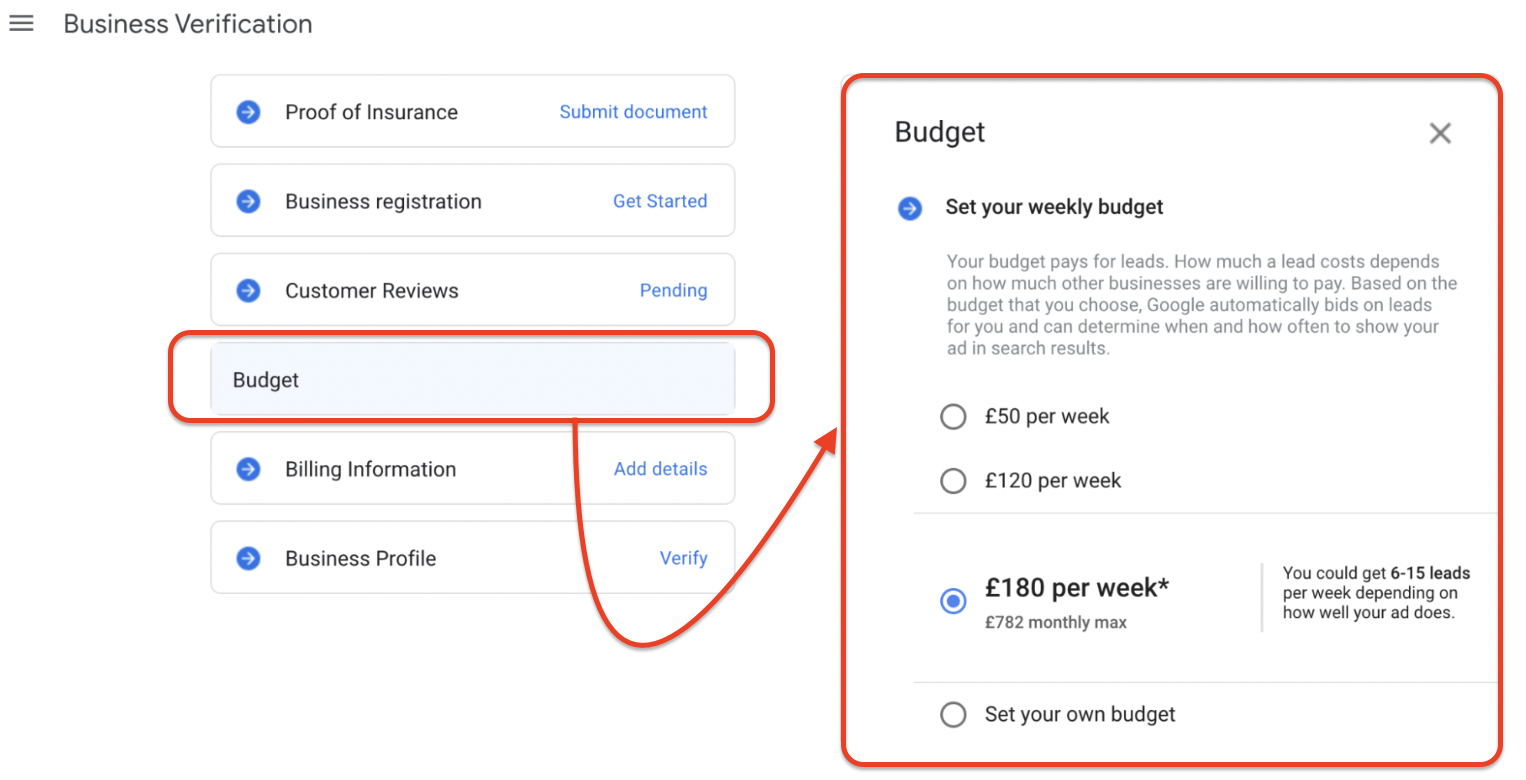 Screenshot of Google Local Services Ads showing the budget verification section with weekly budget options highlighted.