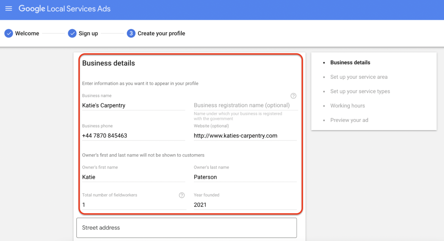 Screenshot of the business details entry form for Google Local Services Ads with fields for name, phone, and registration info.