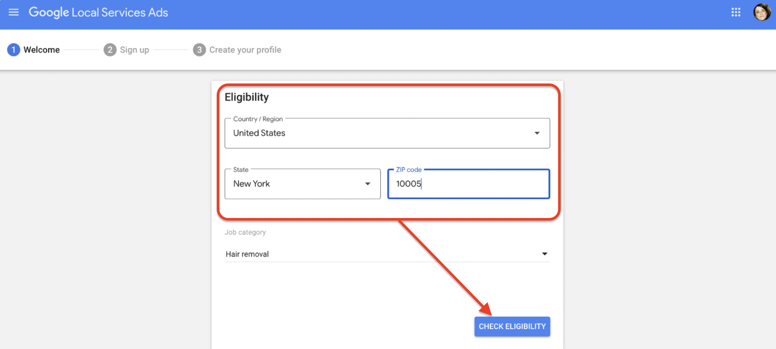 Screenshot of Google Local Services Ads eligibility check form with country, state, and ZIP code fields.