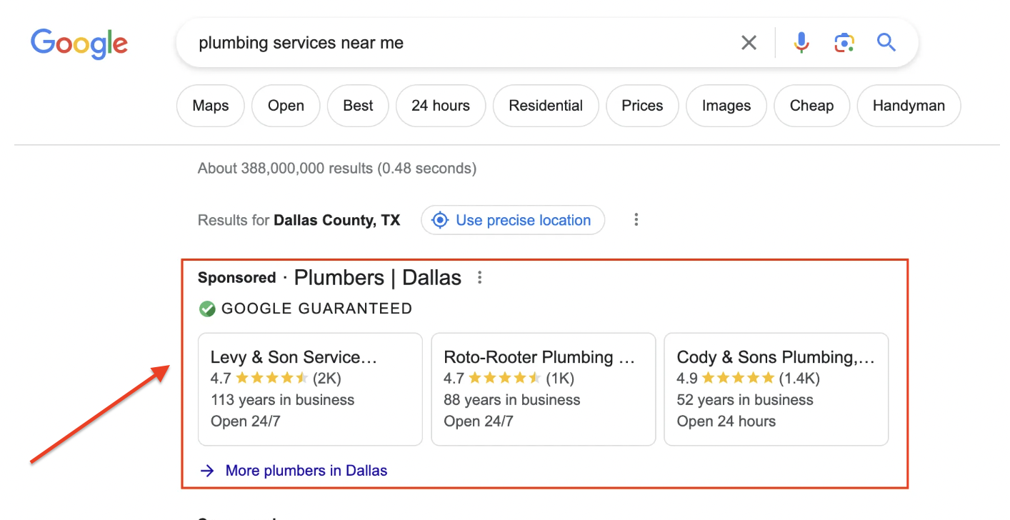 Google search results displaying Local Services Ads for plumbers with Google Guaranteed badges and business ratings.