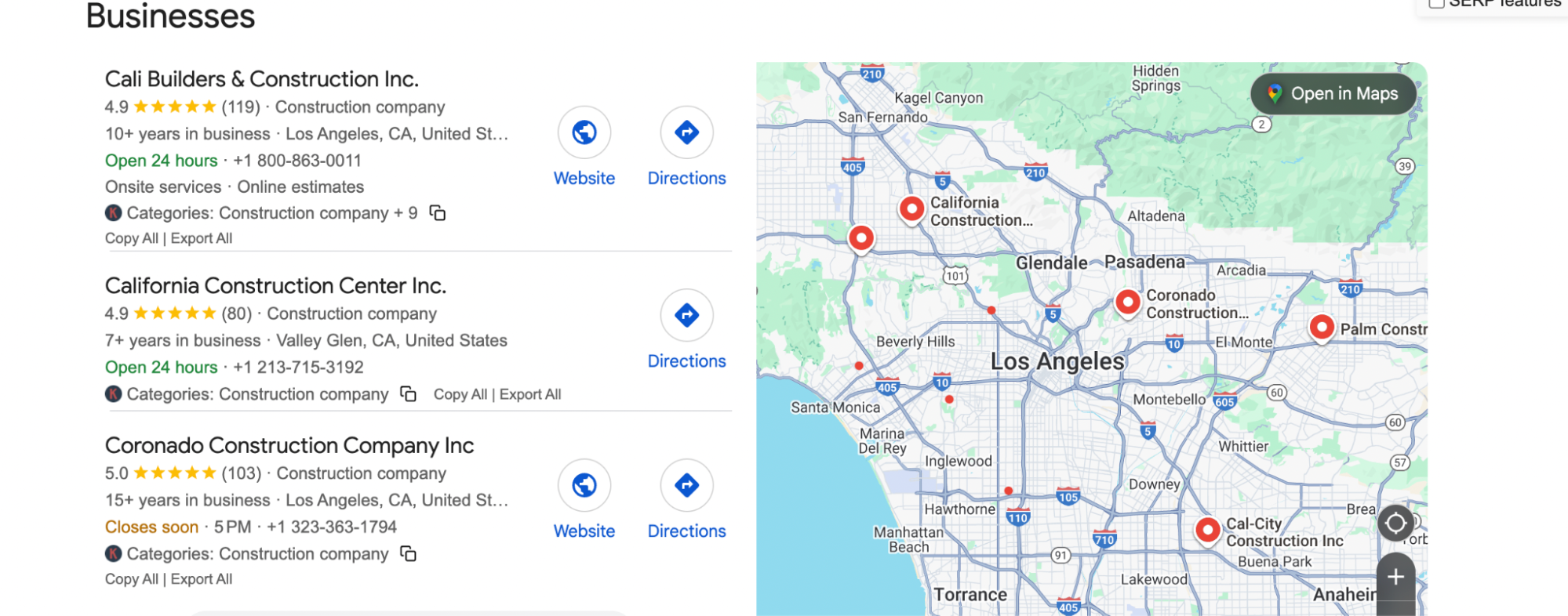 A Google Maps local pack listing construction companies in Los Angeles alongside a map showing their locations.