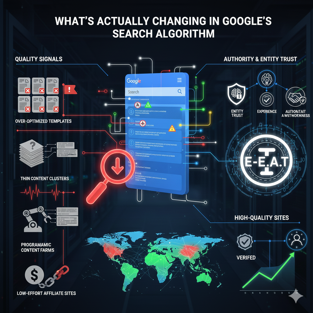 Google Search Algorithm Changes and EEAT Signals Graphic