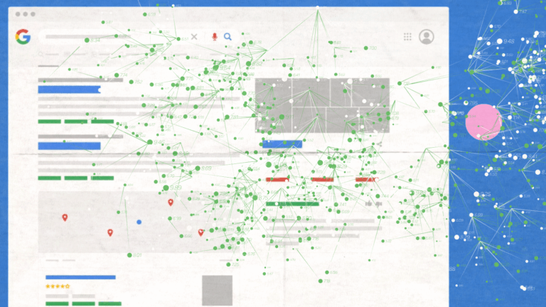 SERP heatmap visualization showing user click paths and interaction clusters across a Google search results page. Highlights how users engage with different SERP elements.