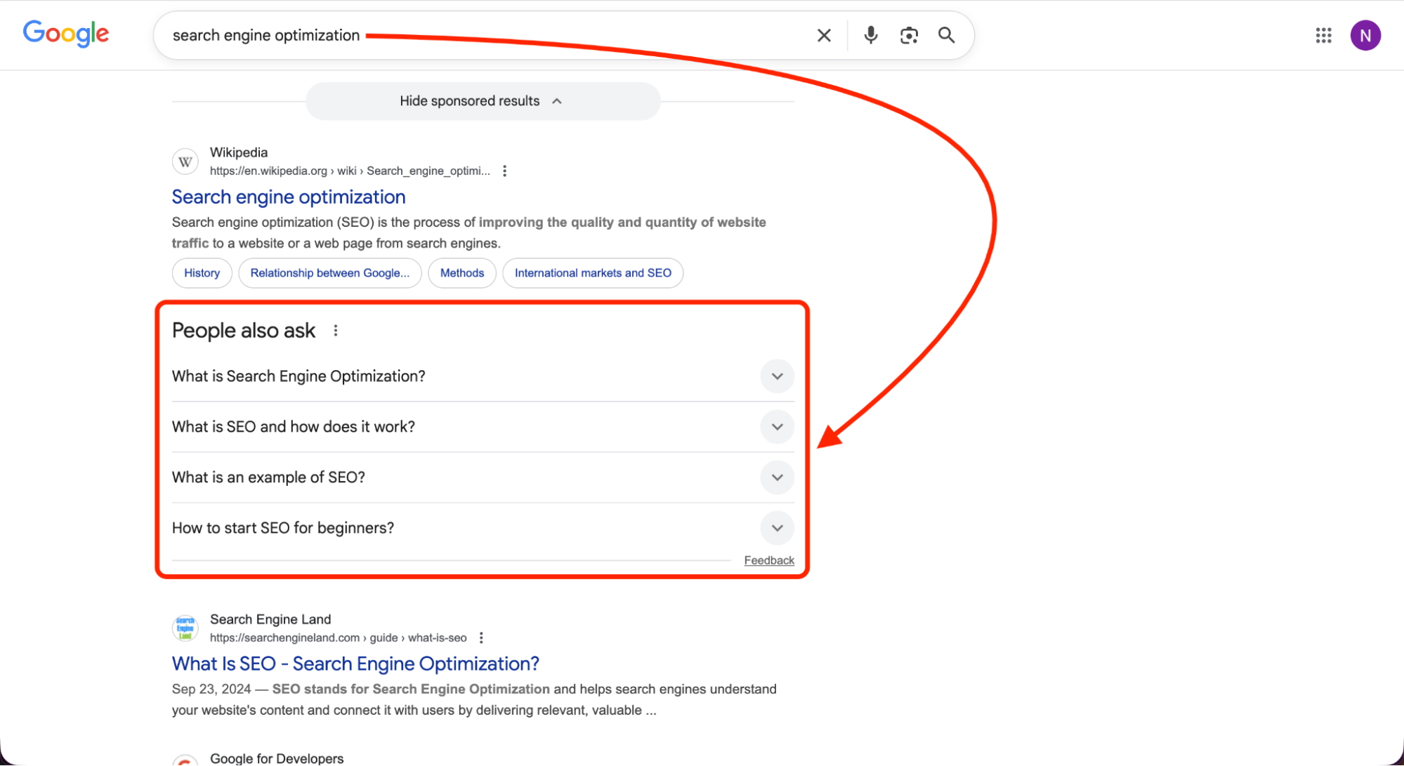 Google search results for 'search engine optimization' showing a People Also Ask box with common SEO questions. Useful for understanding SERP features and user search intent.