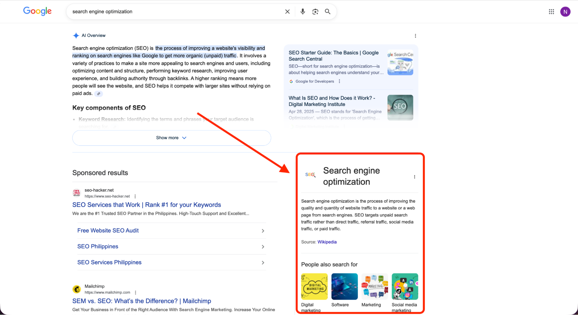 Google search results featuring an SEO definition Knowledge Panel sourced from Wikipedia alongside organic results and an AI Overview snippet.