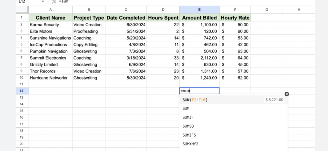 Screenshot of a Google Sheets table showing the SUM formula being typed to total billed amounts.