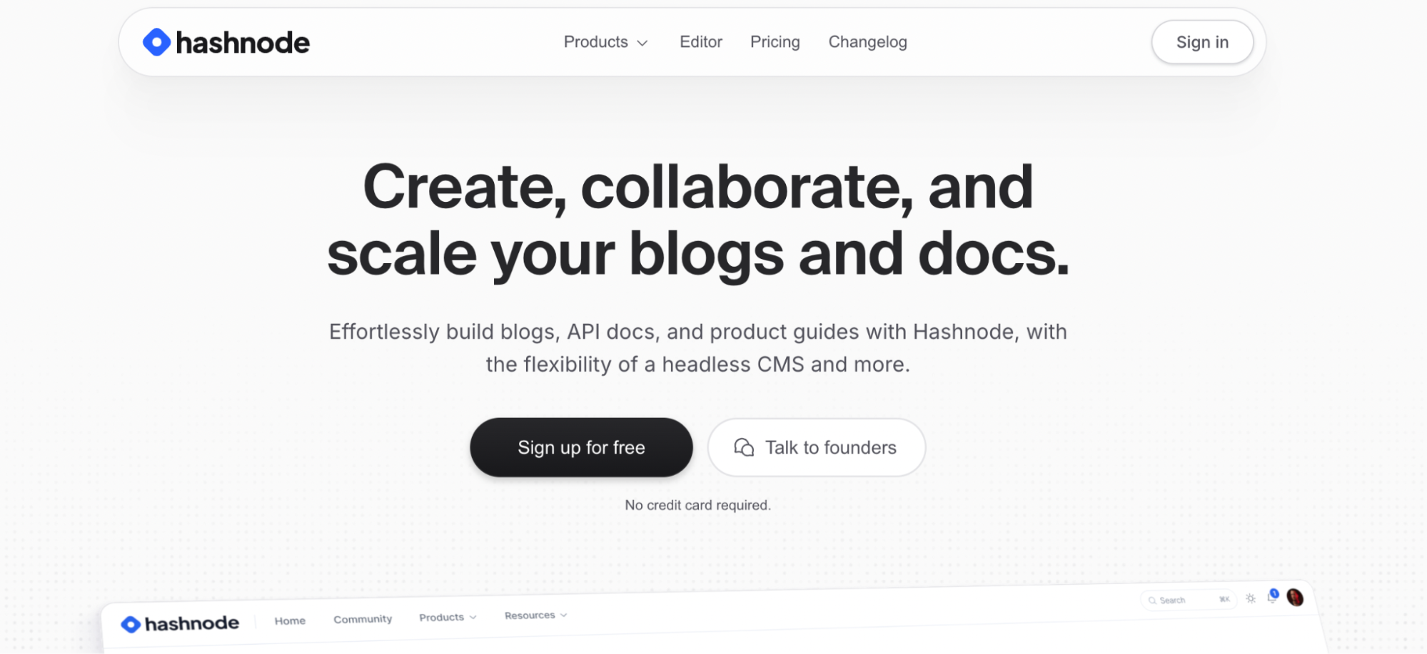 A screenshot of Hashnode’s homepage highlighting tools to create and scale blogs and documentation.