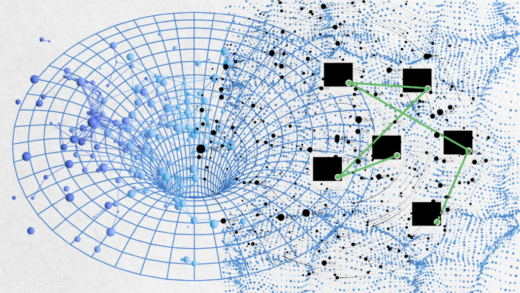 Abstract visualization of AI citation networks with interconnected nodes and data grids symbolizing how AI models map and connect referenced content online.