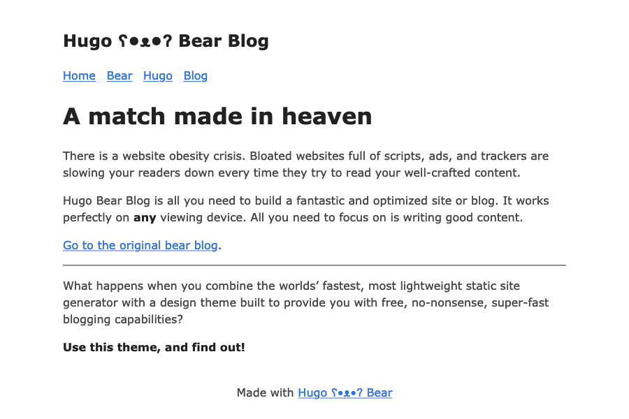 A minimal Hugo Bear Blog theme page describing its lightweight design and content-first approach.