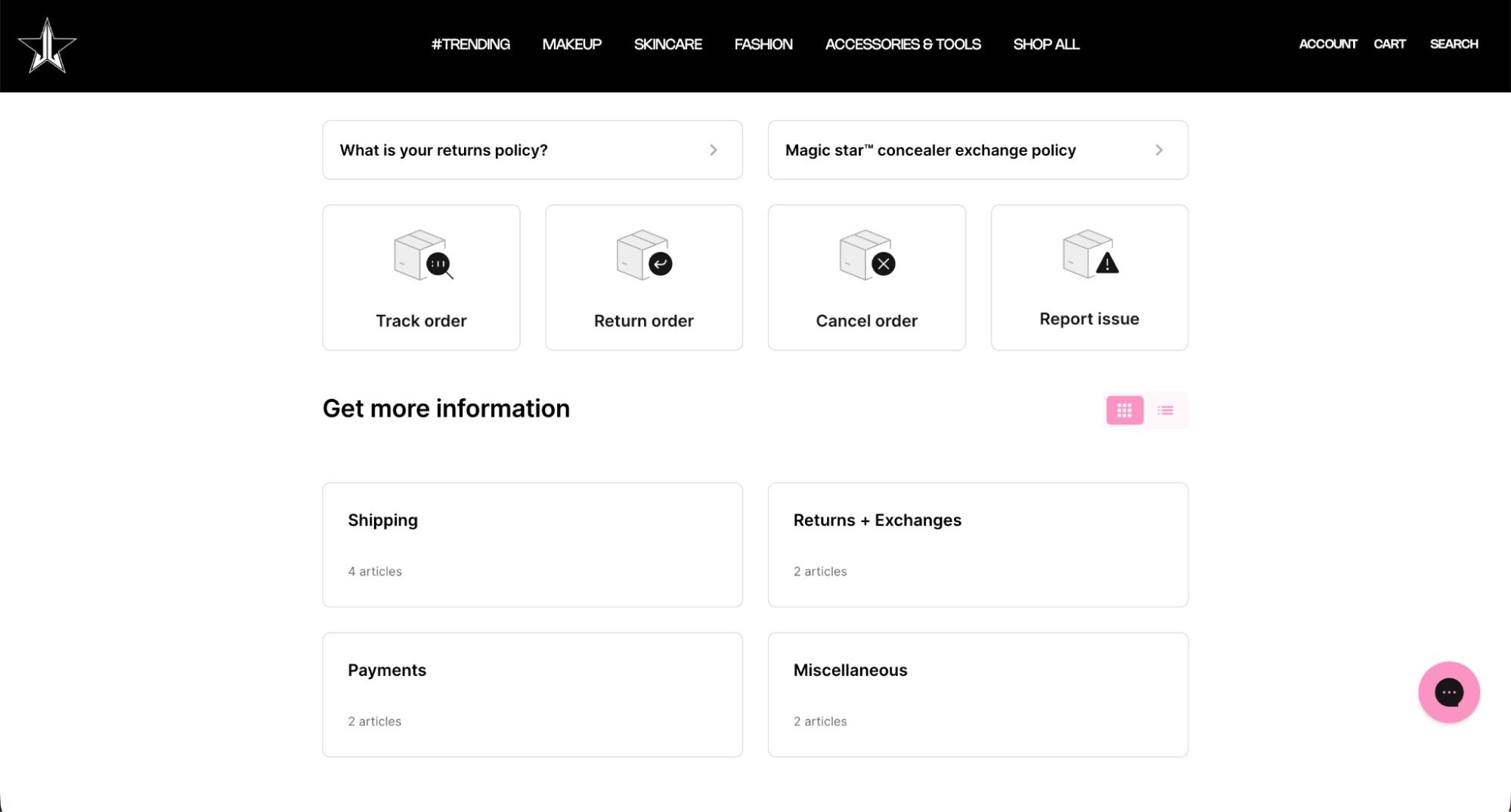 Jeffree Star Cosmetics help page with quick-access buttons for tracking, returning, canceling orders, and sections for shipping, payments, and exchanges.