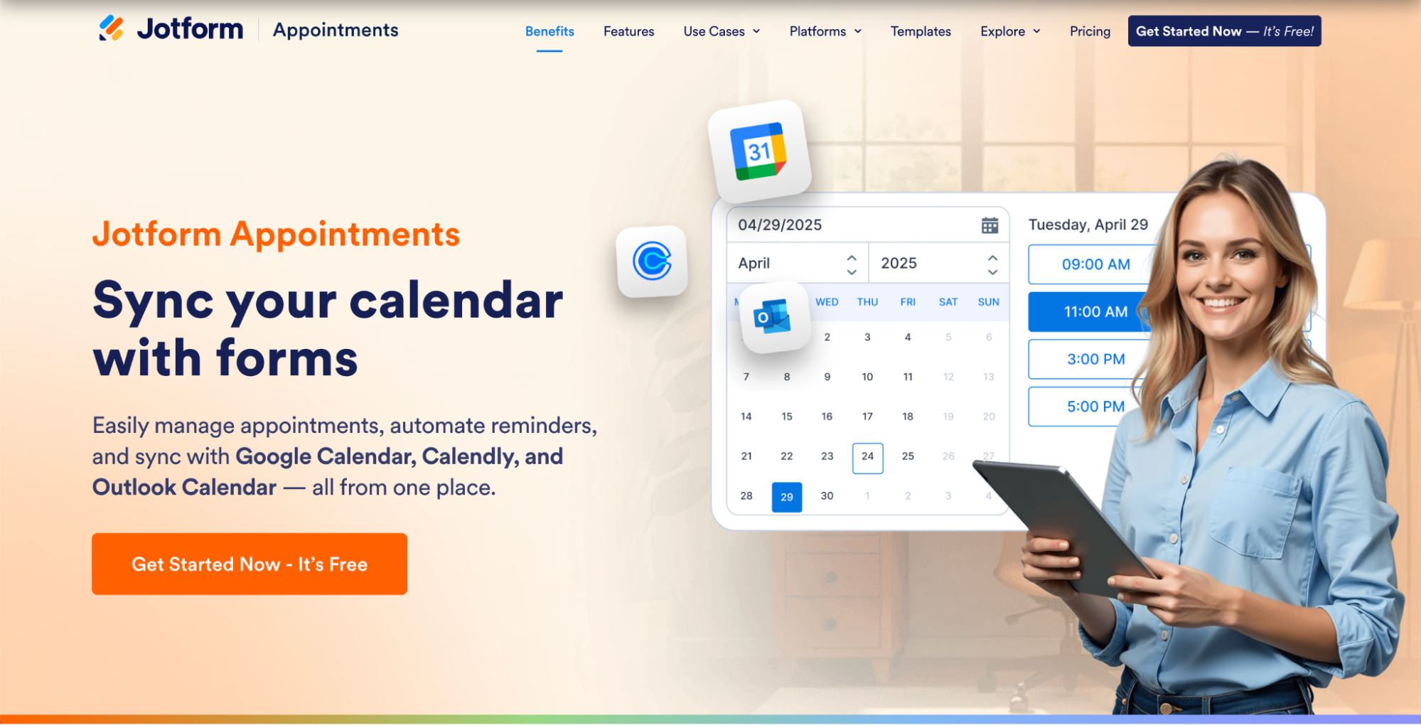Jotform Appointments interface featuring calendar syncing with Google, Calendly, and Outlook alongside automated reminders and booking forms.