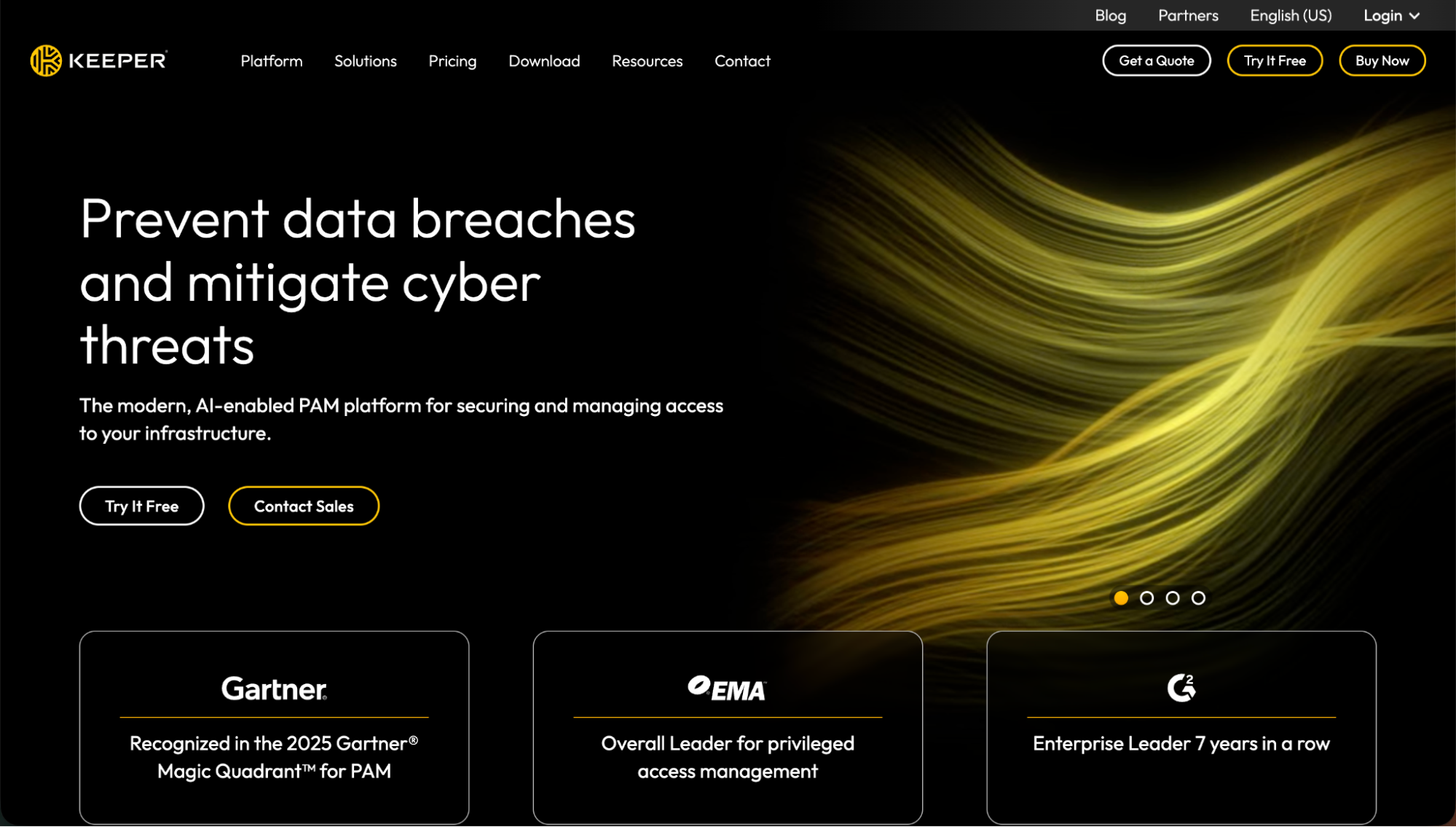 Keeper Security homepage showcasing its AI-enabled platform for preventing data breaches and managing privileged access, with recognition from Gartner and G2.