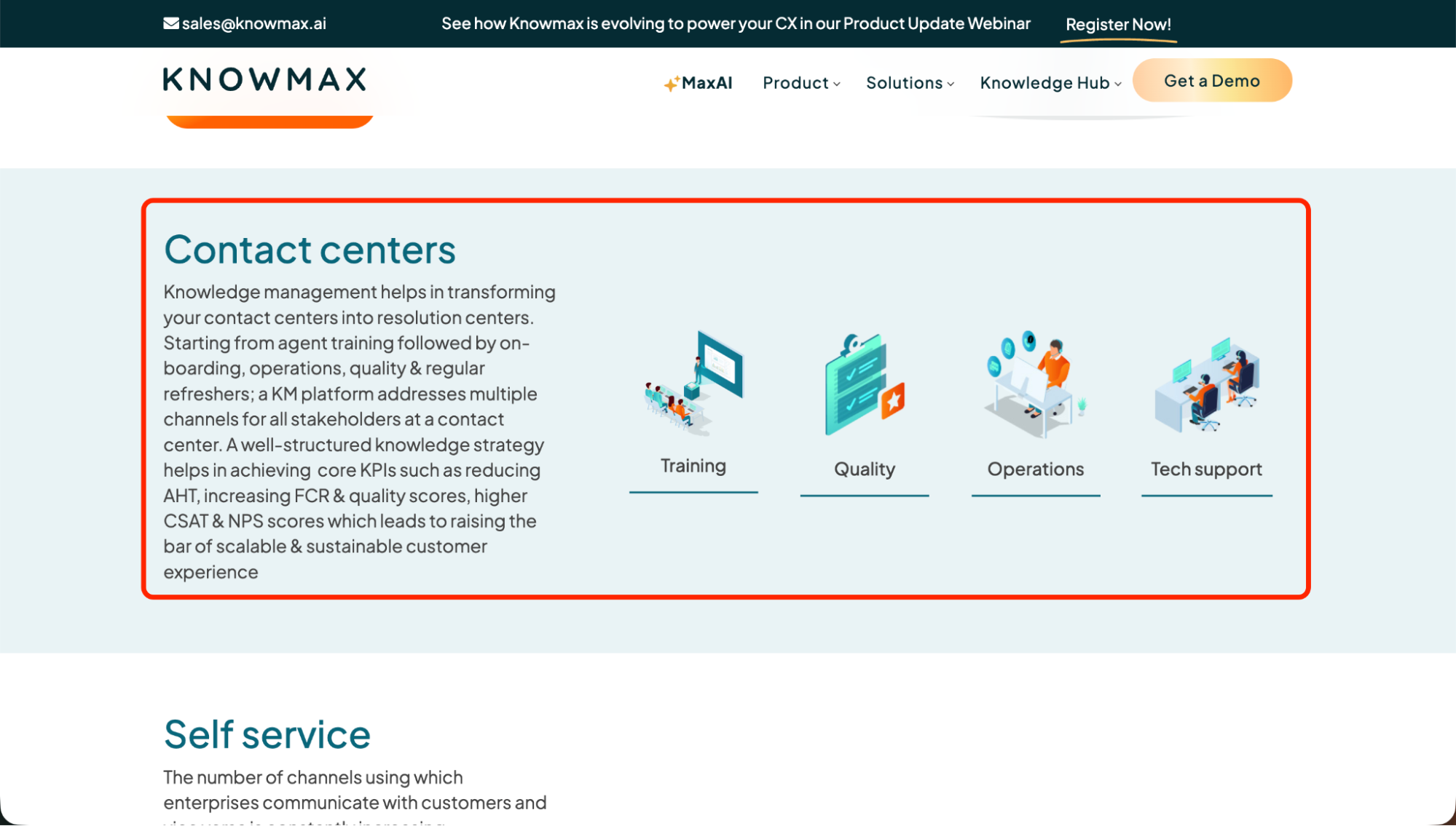 Knowmax contact center overview section describing how knowledge management improves training, quality, operations, and tech support.