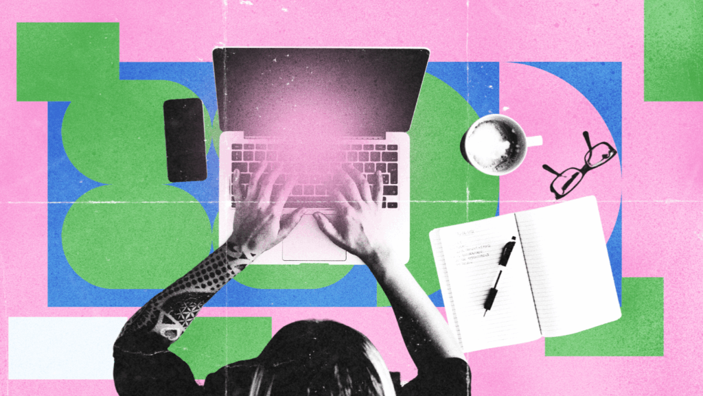 A stylized illustration of a person typing on a laptop surrounded by a notebook, glasses, phone, and coffee