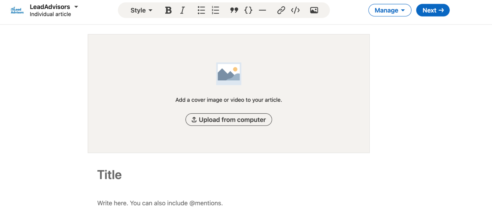 A screenshot of the LeadAdvisors writing editor showing options to add a cover image and enter an article title.