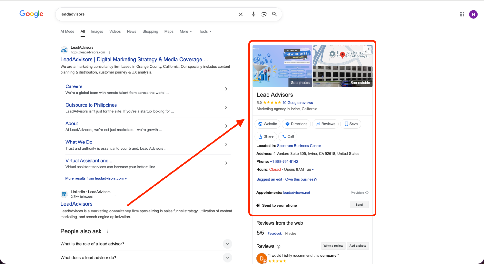 Google search result for LeadAdvisors displaying the official Knowledge Panel with reviews, business details, and quick-action buttons. Shows brand visibility on SERPs.