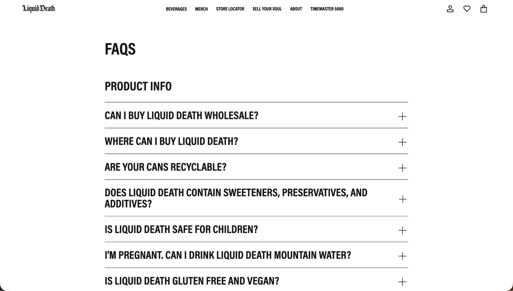Liquid Death FAQ page with expandable product information questions including wholesale buying, recyclability, ingredients, and safety.