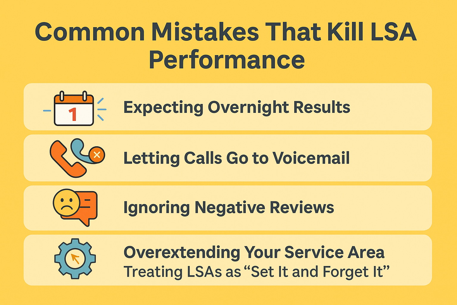 Illustrated graphic listing common mistakes that reduce Local Services Ads performance such as ignoring reviews and missing calls.