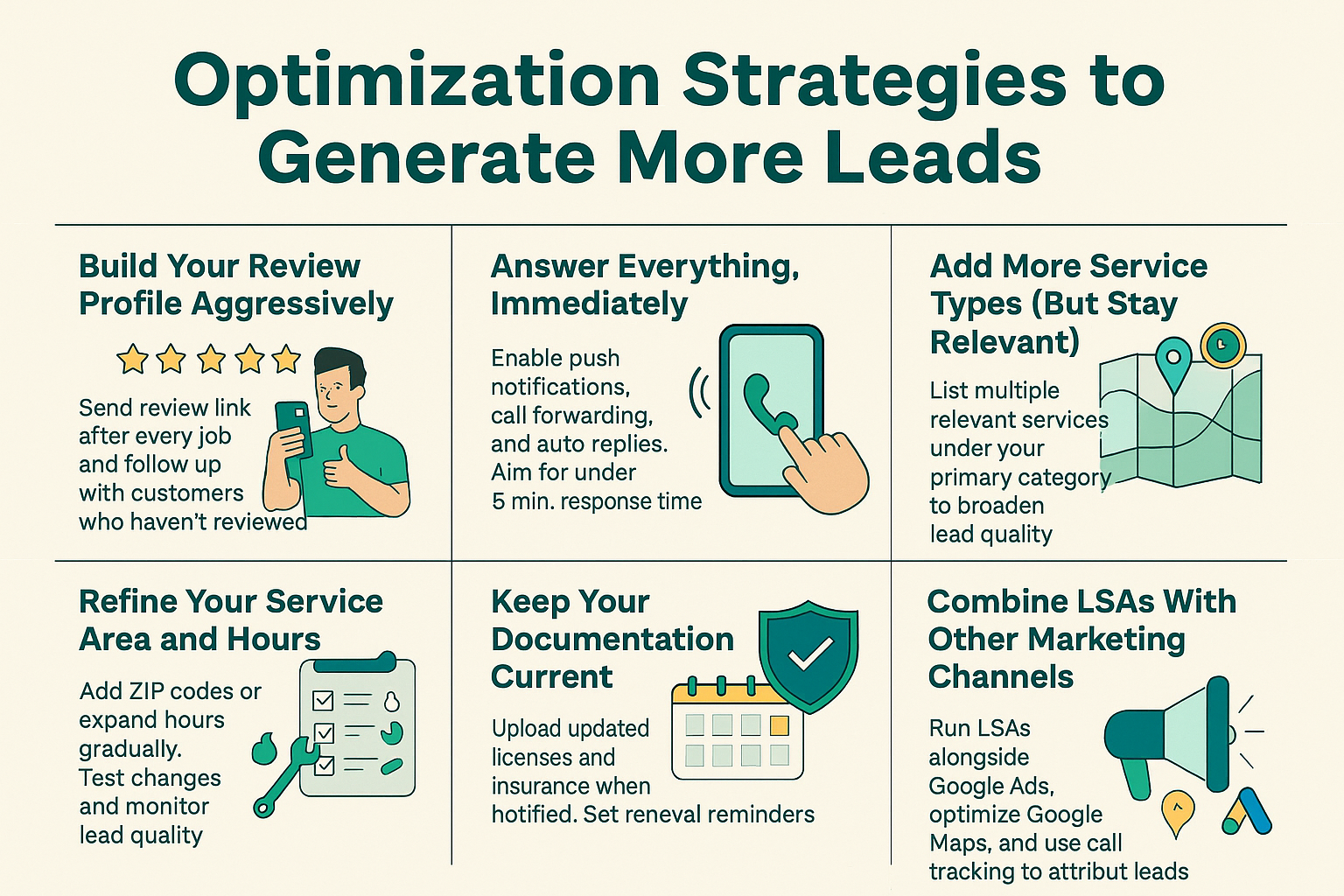 Illustrated graphic outlining optimization strategies for Local Services Ads including reviews, service types, and documentation.