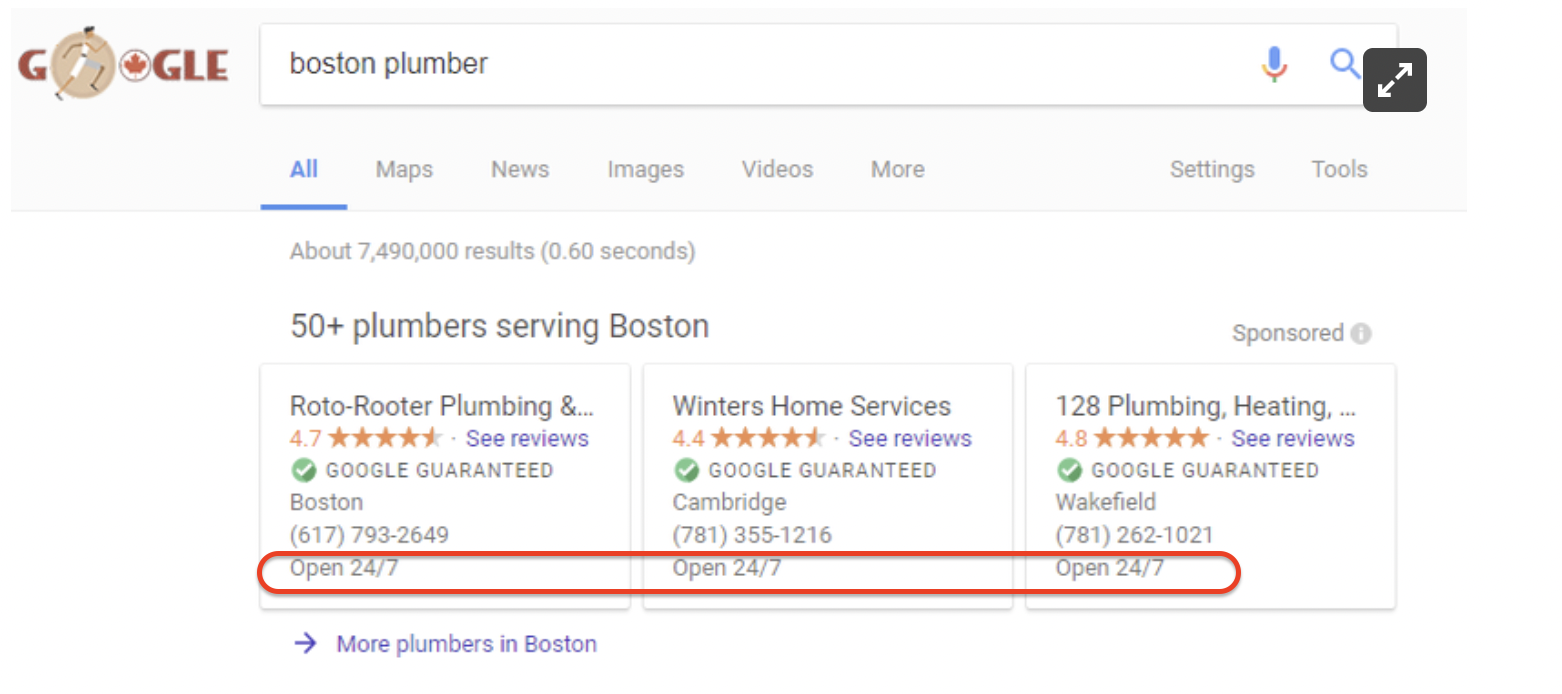 Google search results showing plumber listings in Local Services Ads marked as open 24/7.