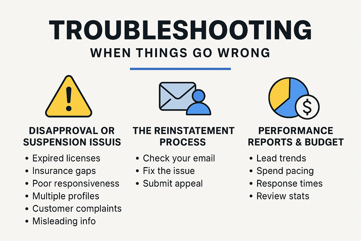 Illustrated guide explaining troubleshooting steps for Local Services Ads related to disapprovals, reinstatement, and performance reports.