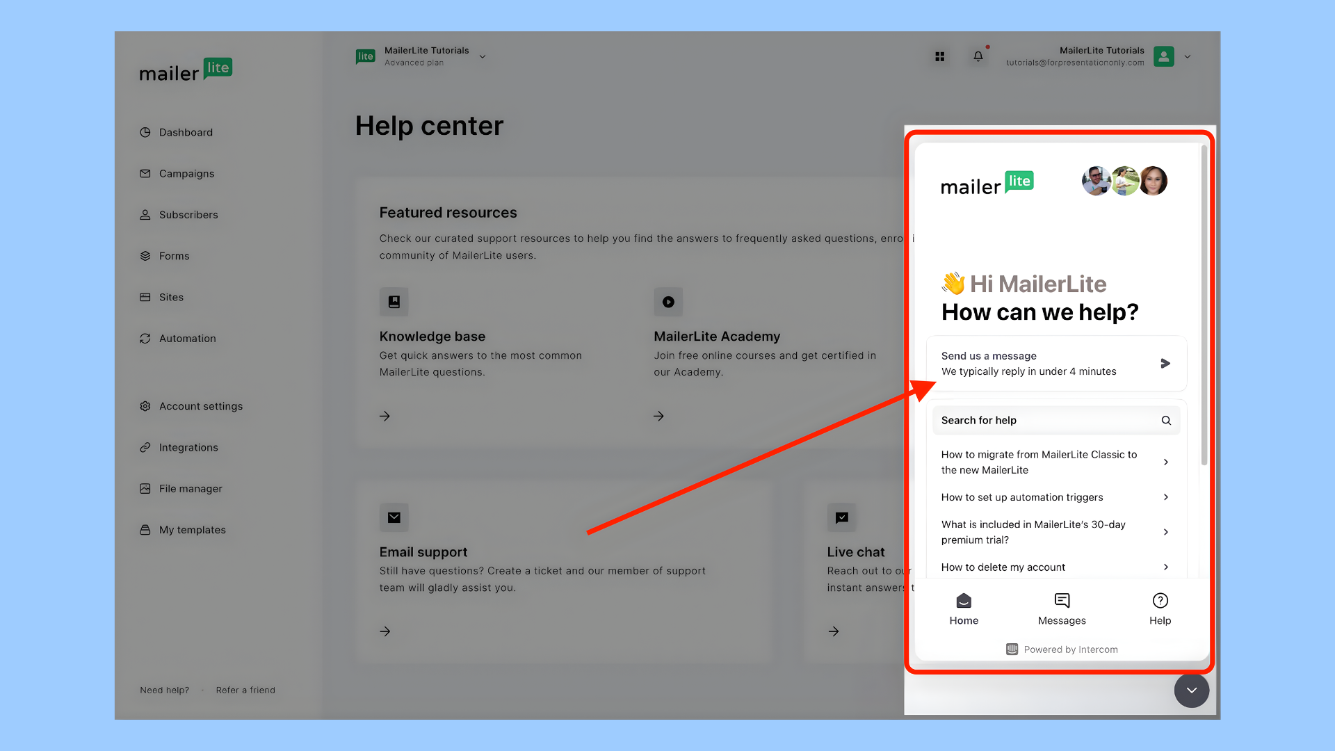 MailerLite help center page with an embedded live chat support widget offering messaging and searchable knowledge base articles. The support panel invites users to ask questions and get quick help.