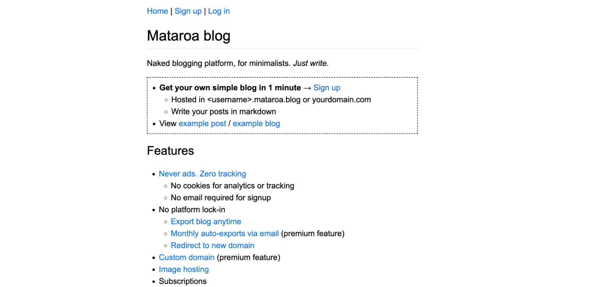 A screenshot of the Mataroa blogging site highlighting its minimalist design and markdown-based posting features.