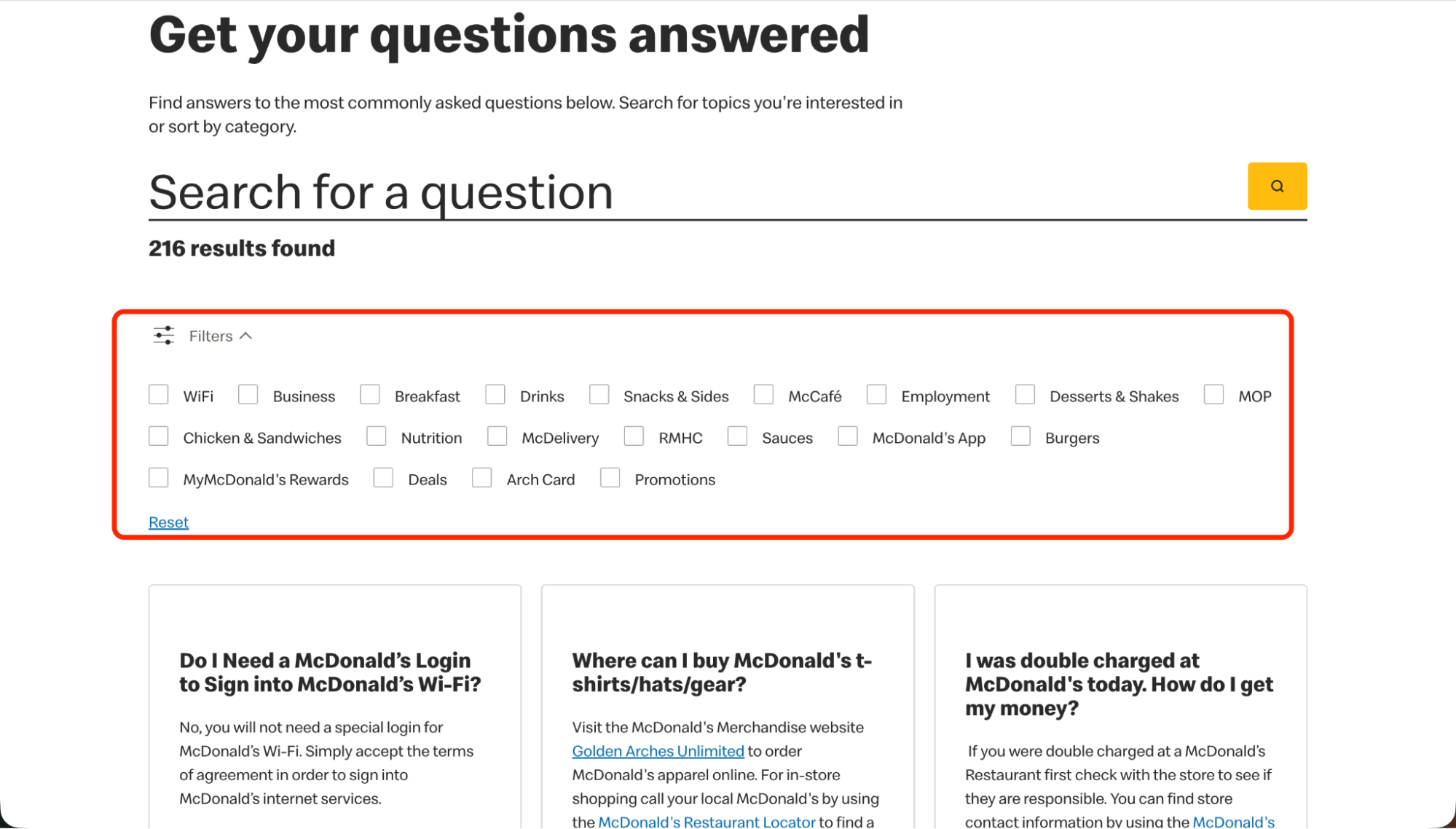 McDonald's FAQ page with filter checkboxes for categories like WiFi, Breakfast, Deals, and McDelivery to help users narrow down common questions.
