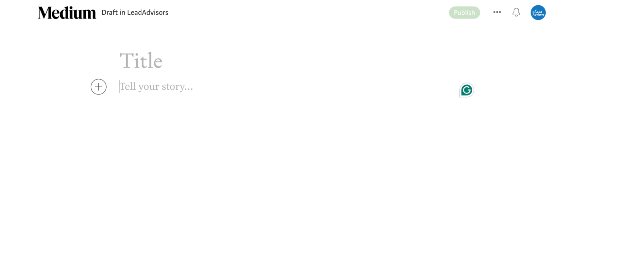 A screenshot of the Medium editor showing a draft article page with space to add a title and story.