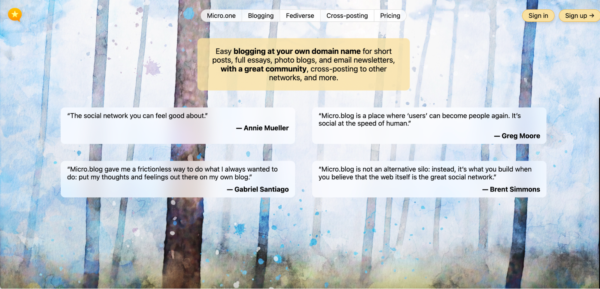 A screenshot of the Micro.blog homepage showing user testimonials about the platform's blogging and social features.