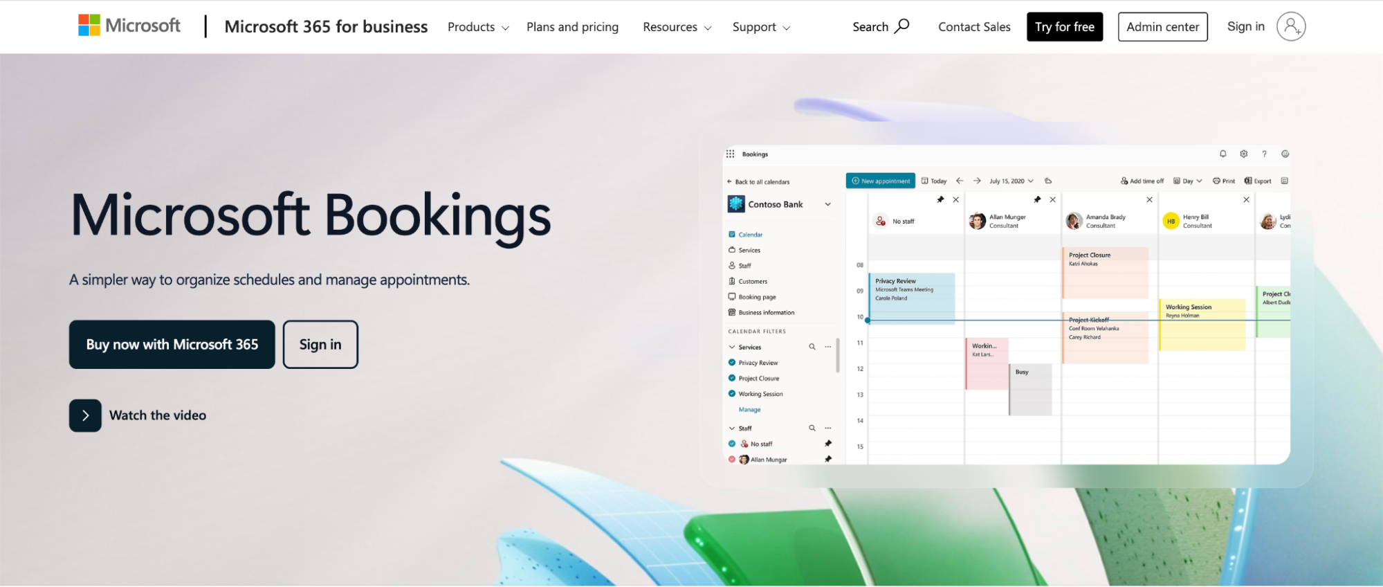 Microsoft Bookings dashboard interface displaying appointment management tools for Microsoft 365 business users.
