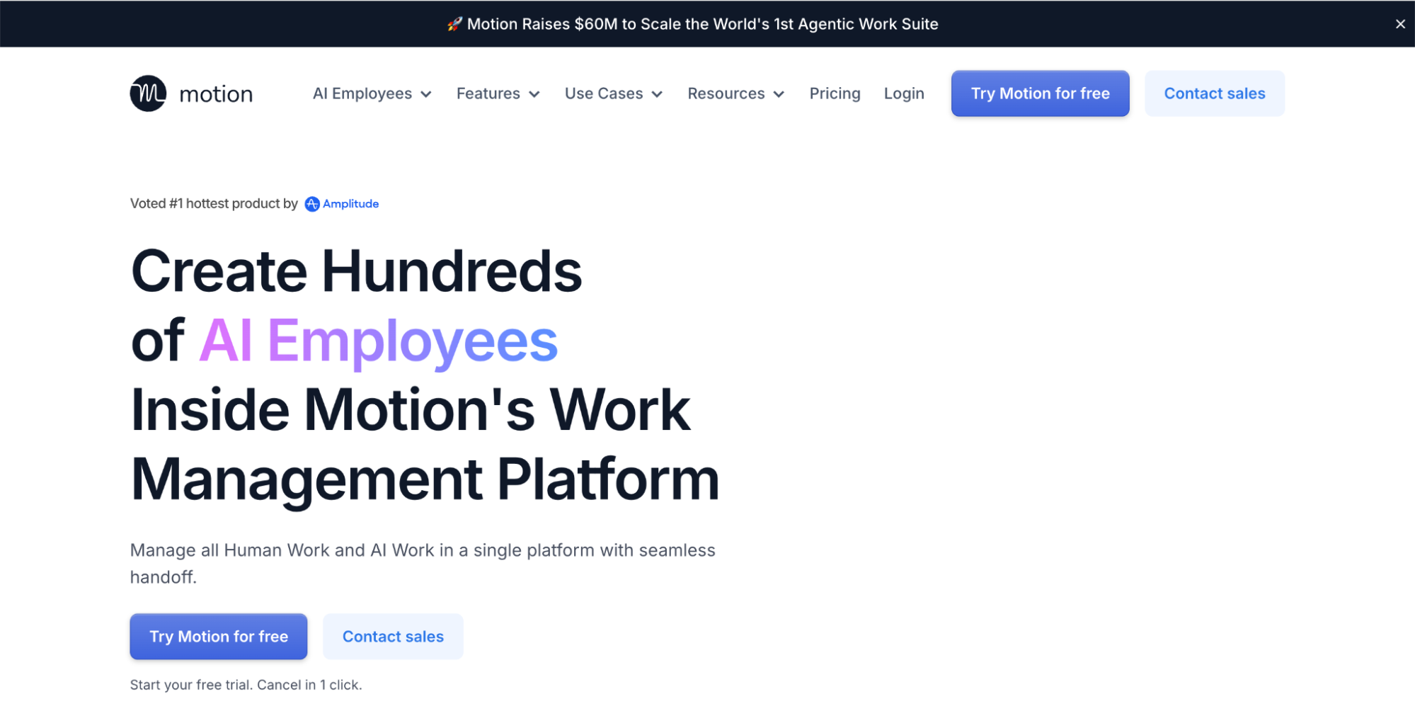 Motion AI work management platform promoting AI employee automation for task coordination, productivity, and workflow optimization.