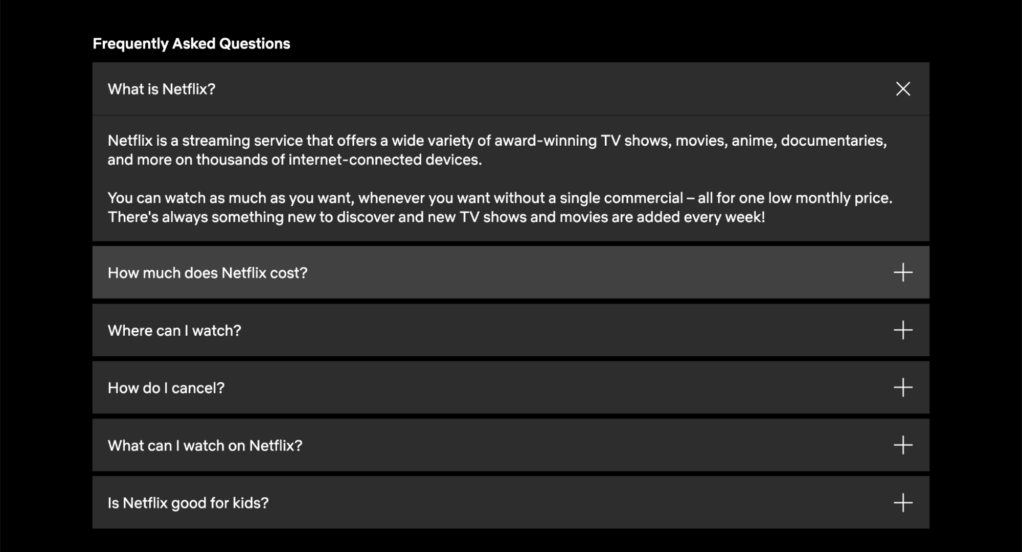 Netflix FAQ section displaying expandable questions about pricing, where to watch, cancellations, and available content.