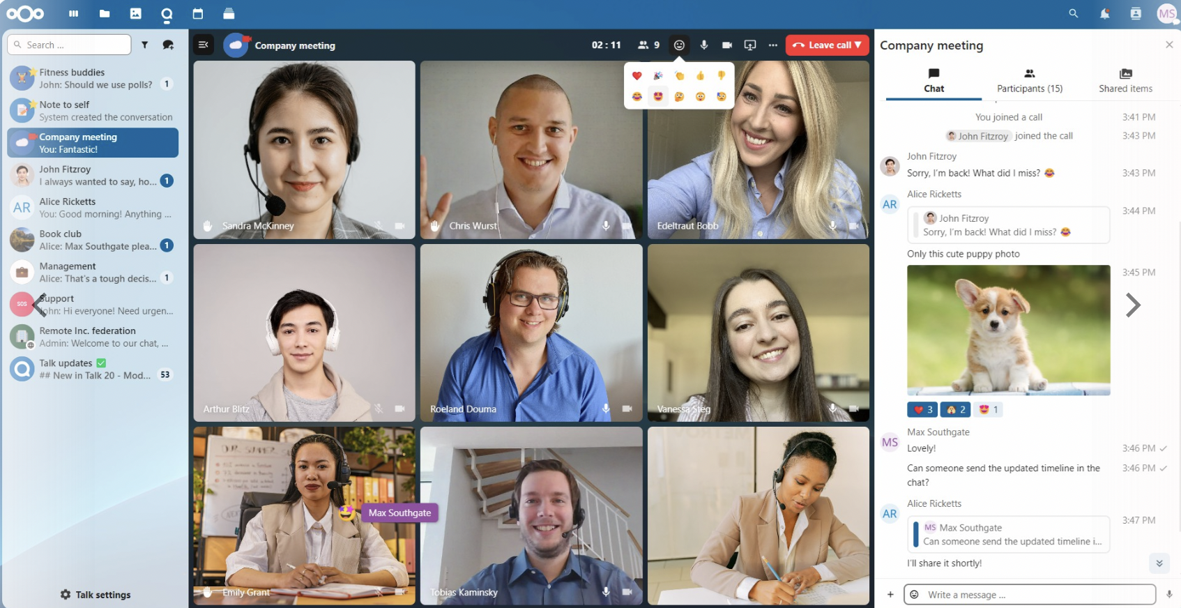 A video meeting in the Nextcloud interface featuring a grid of participants and an active chat panel showing messages and shared images.