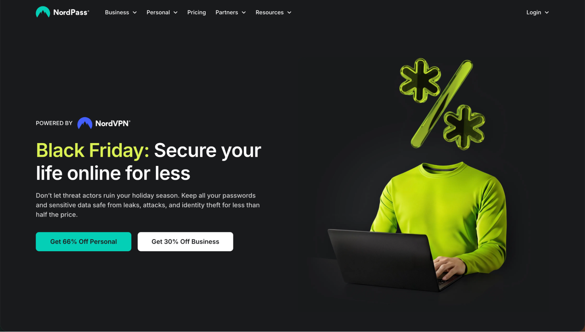 NordPass Black Friday promotion highlighting secure password management with discounted personal and business plans. A user types on a laptop under bold sale graphics.